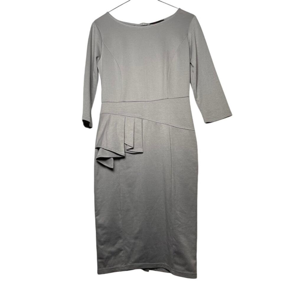 Grey Pencil Knee Length Dress Womens Size Medium Ruffle Waist Fitted Career